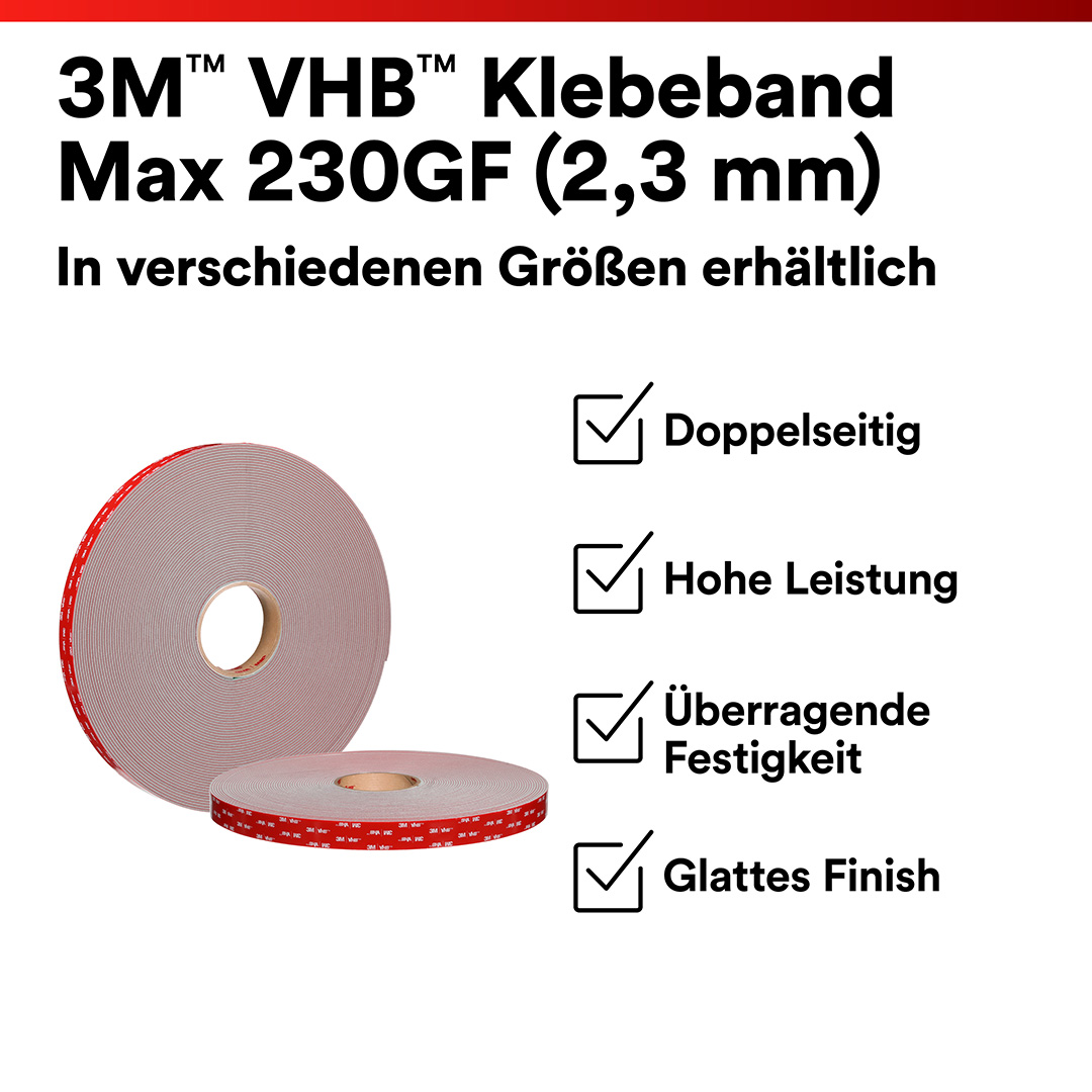 3M™ | VHB™ | Doppelseitiges Klebeband Max-230GF – 12 mm x 22 m, 2.3 mm, Grau | 7100395444
