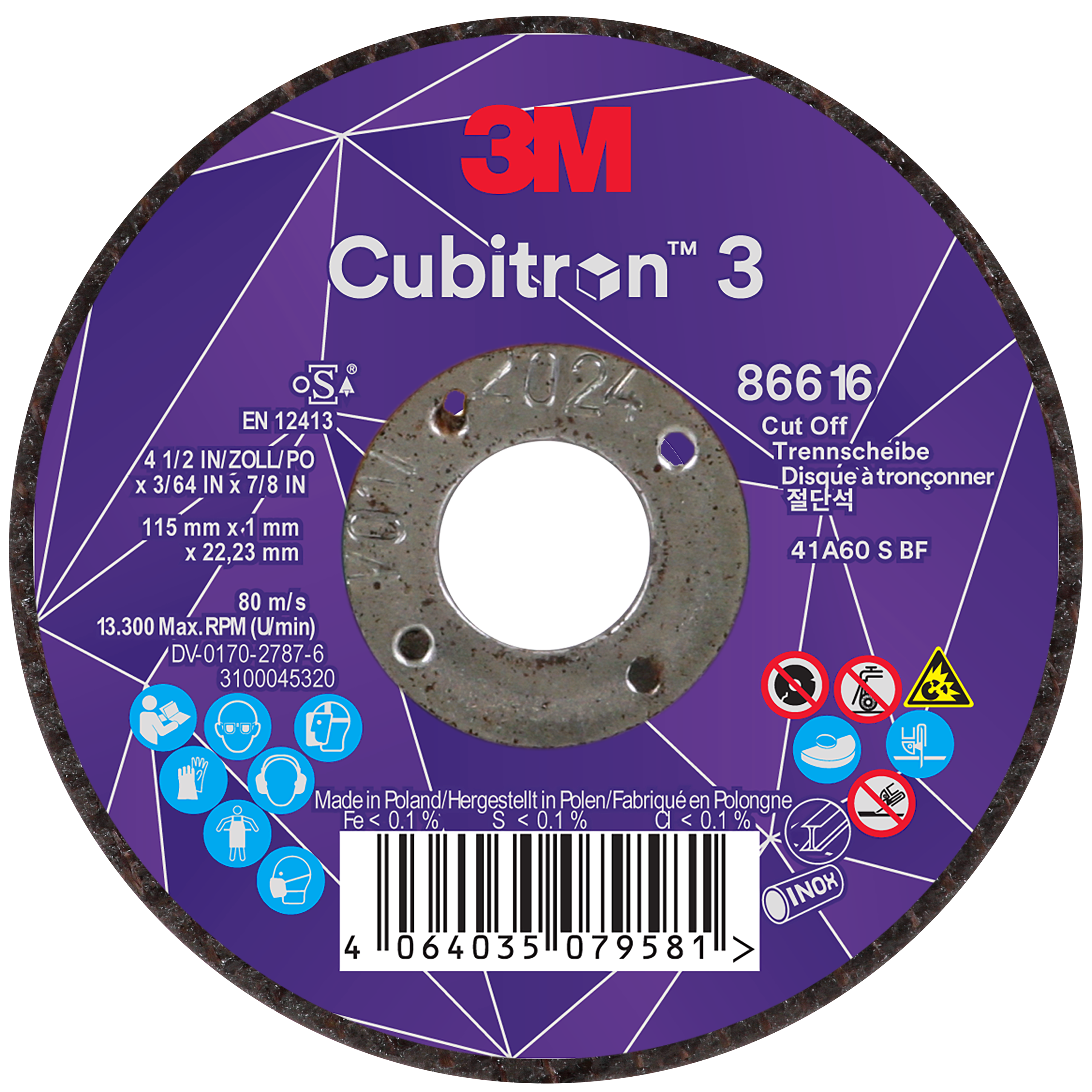 cb3-wl-86616_ip_center 3M™ | Cubitron™ 3 | Trennscheibe, 88383, 36+, T42, ⌀ 115 mm x 2,5 mm x ⌀ 22,23 mm