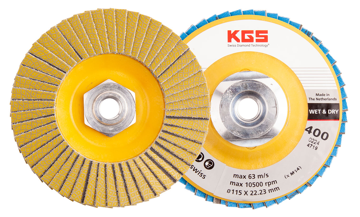 KGS DIAMOND™ | Hybrid-T Dia/Sic Lamellenscheibe | ø115mm/M14 PLS | Mesh 400 / 40 Micron / FEPA P400 | Gelb | 27431