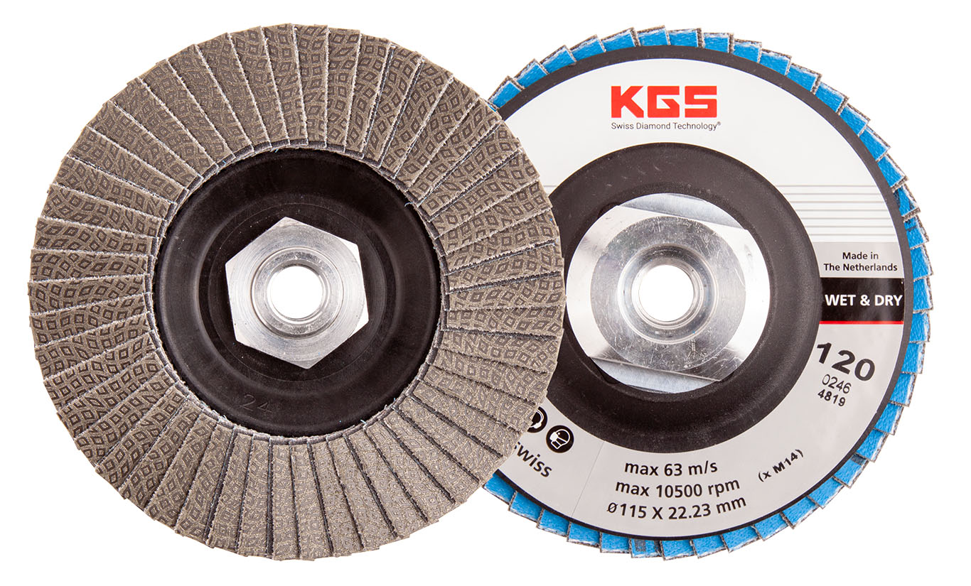 KGS DIAMOND™ | Hybrid-T Dia/Sic Lamellenscheibe | ø115mm/M14 PLS | Mesh 120 / 125 Micron / FEPA P120 | Schwarz | 28089