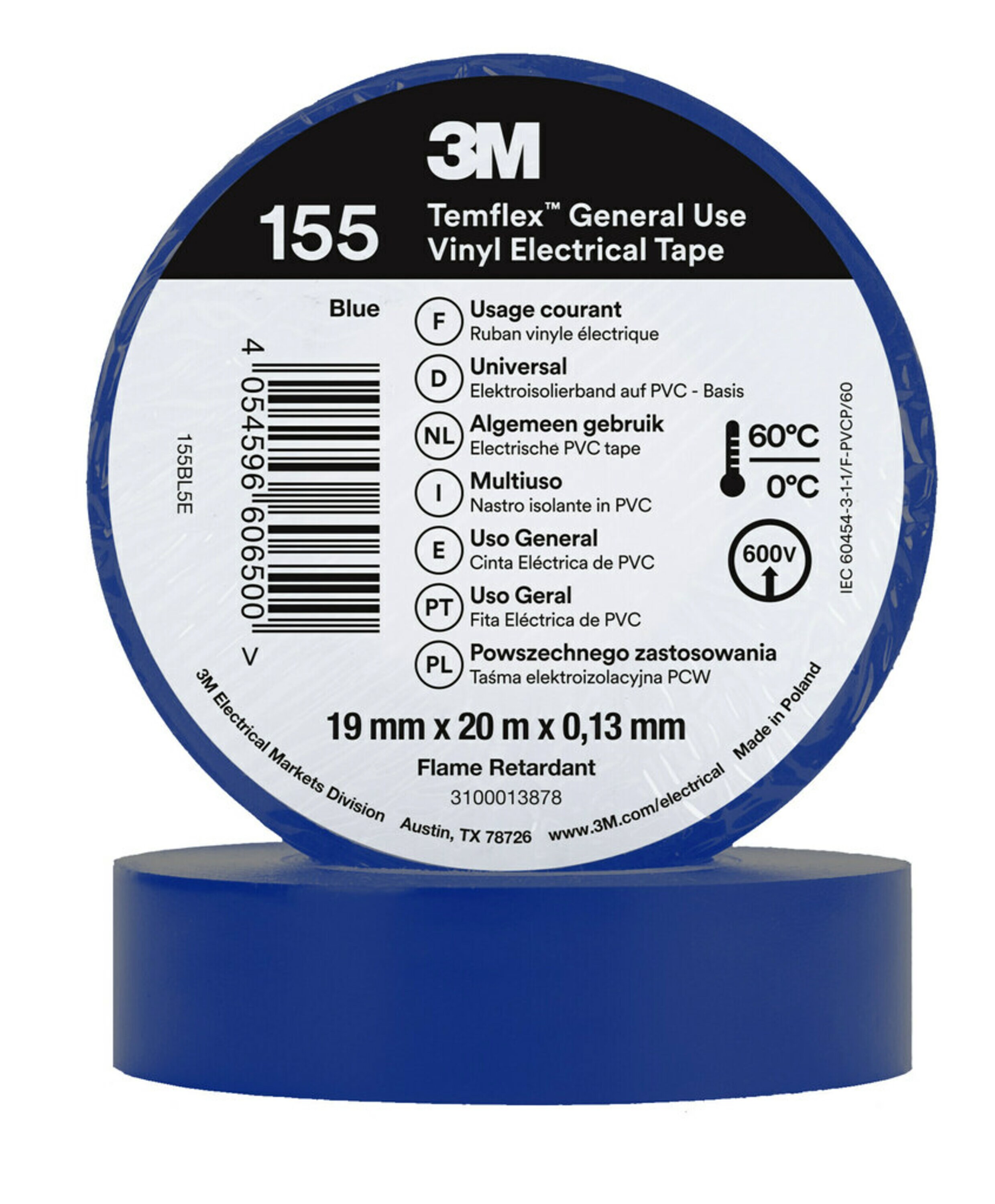 3M™ Temflex™ Vinyl-Isolierband 155, Blau, 19 mm x 20 m