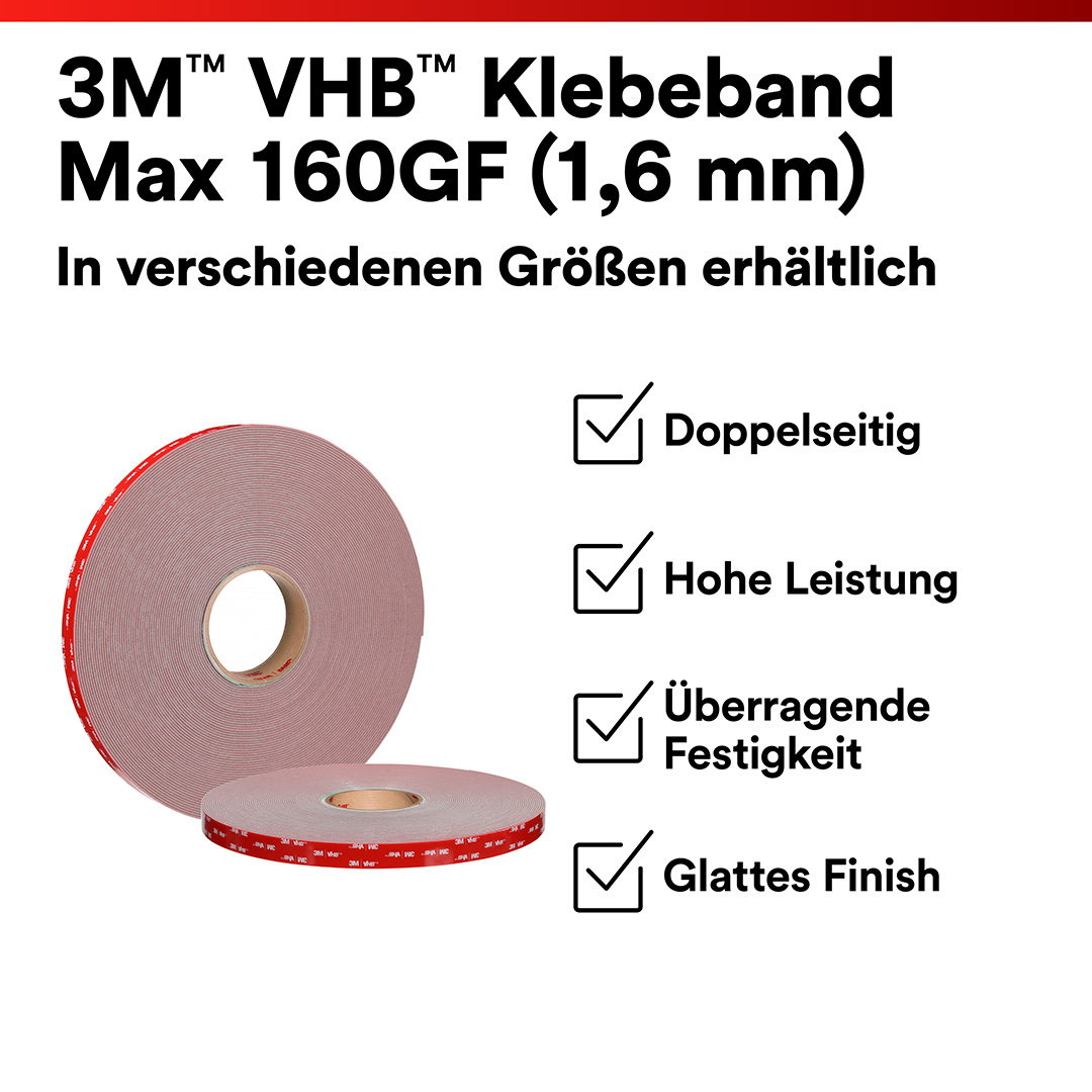 3M™ | VHB™ | Doppelseitiges Klebeband Max-160GF – 25 mm x 33 m, 1.6 mm, Grau | 7100395593