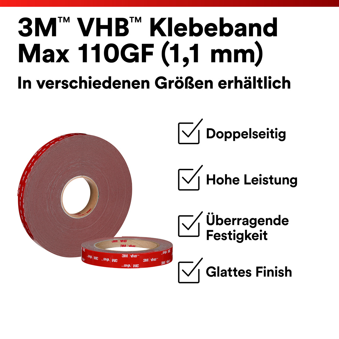 3M™ | VHB™ | Doppelseitiges Klebeband Max-110GF – 12 mm x 33 m, 1.1 mm, Grau | 7100395432