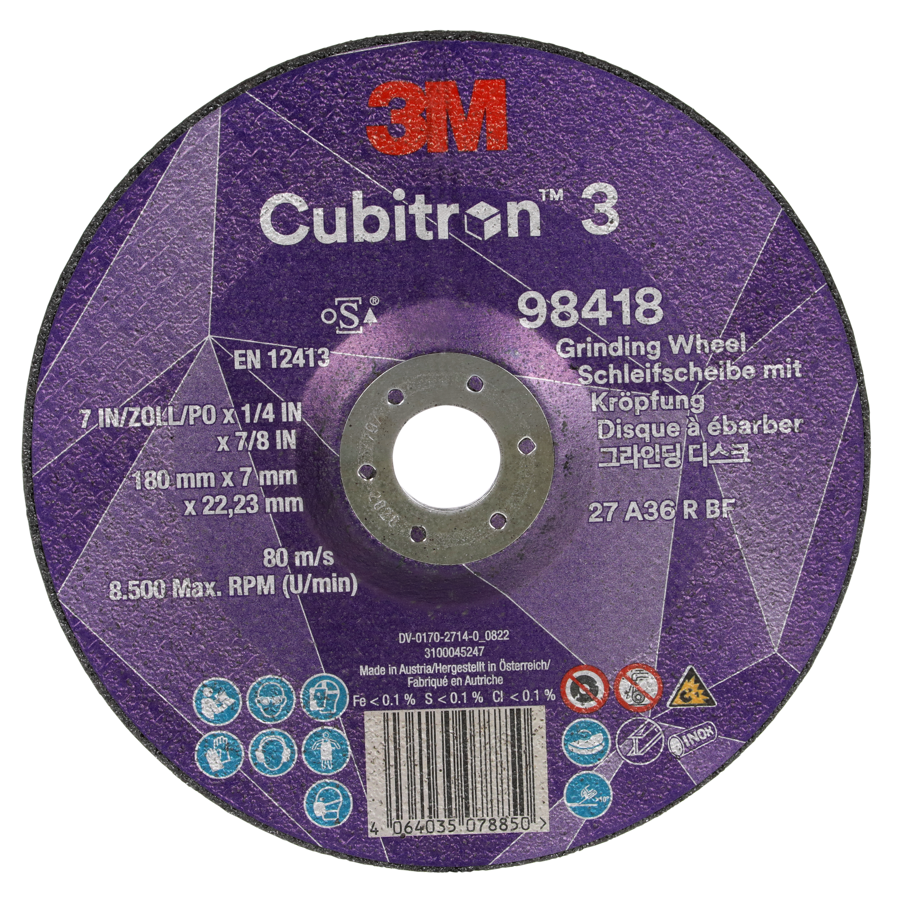 3M™ Cubitron™ 3 Schruppscheibe, 98418, 36+, T27, 180 mm x 7 mm x 22,23 mm, EN, 10/Pack
