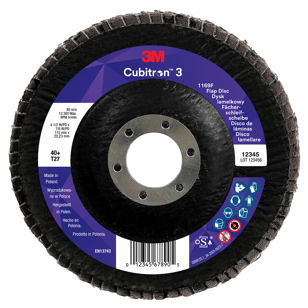 3M™ | Cubitron™ 3 | Fächerschleifscheibe 1169F – 40+, 115 mm, 22 mm, T27 | 7100379604