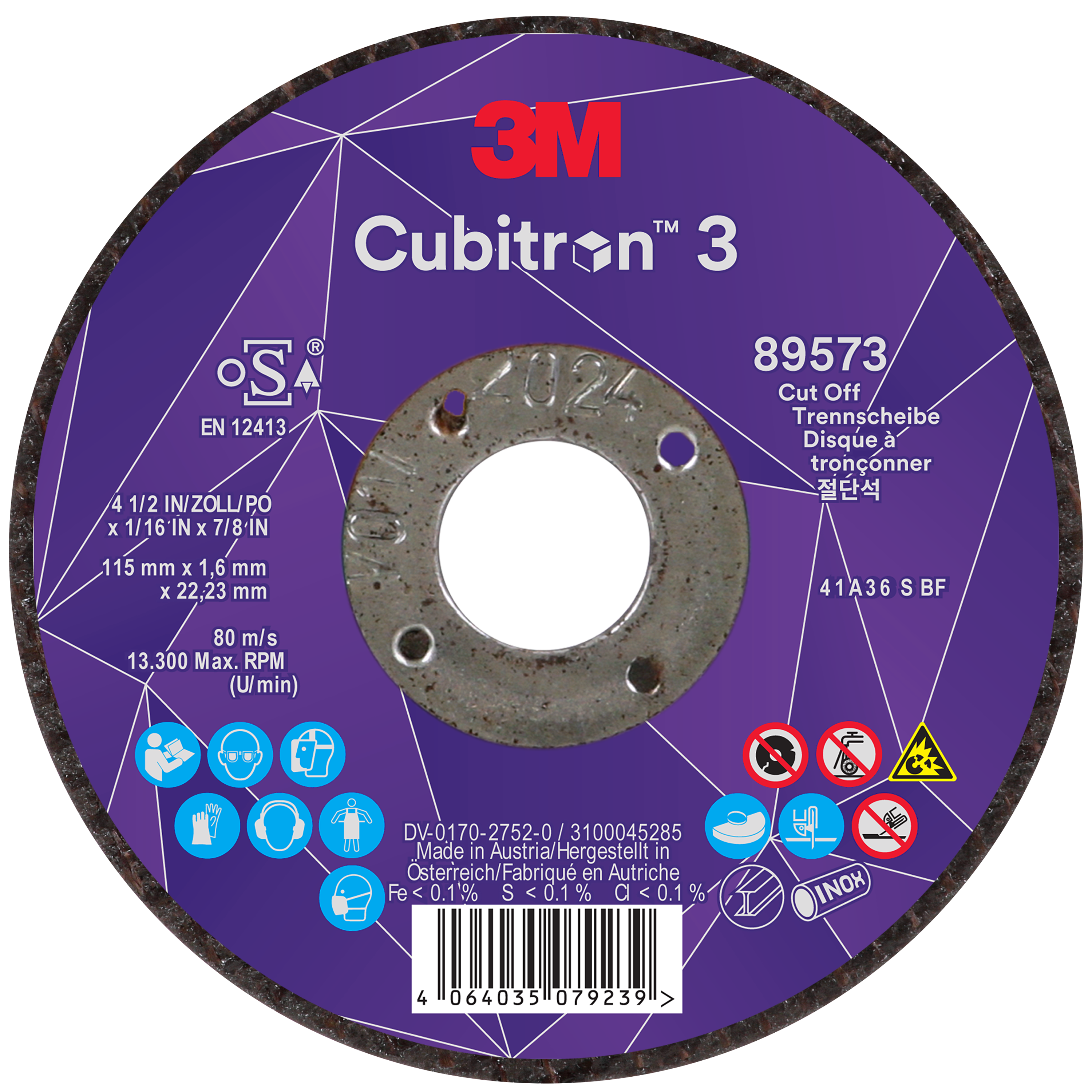 3M™ | Cubitron™ 3 | Trennscheibe, 89573, 36+, T41, ⌀ 115 mm x 1,6 mm x ⌀ 22,23 mm