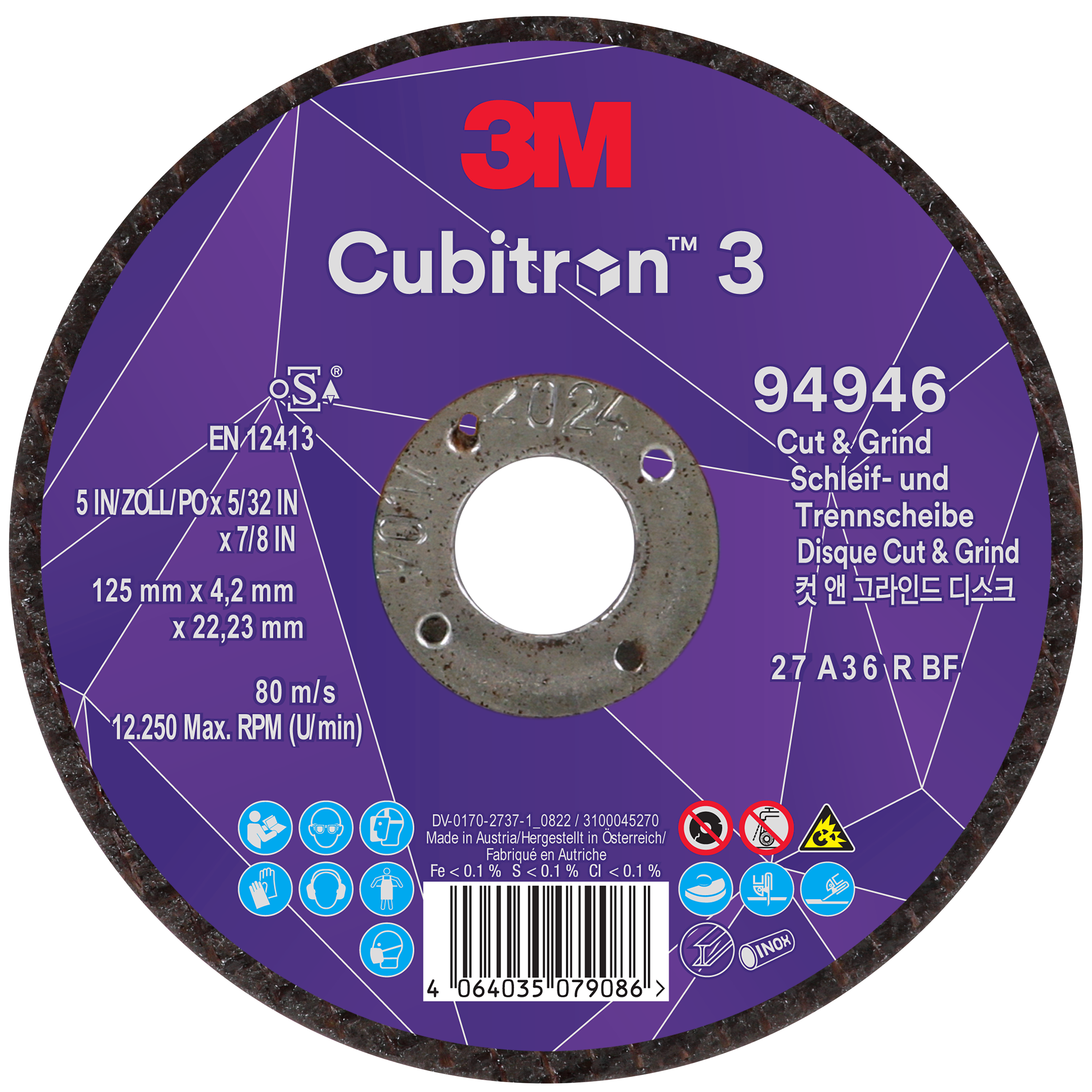 3M™|  Cubitron™ 3 | Cut and Grind Schruppscheibe, 94946, 36+, T27, ⌀ 125 mm x ⌀ 22,23 mm