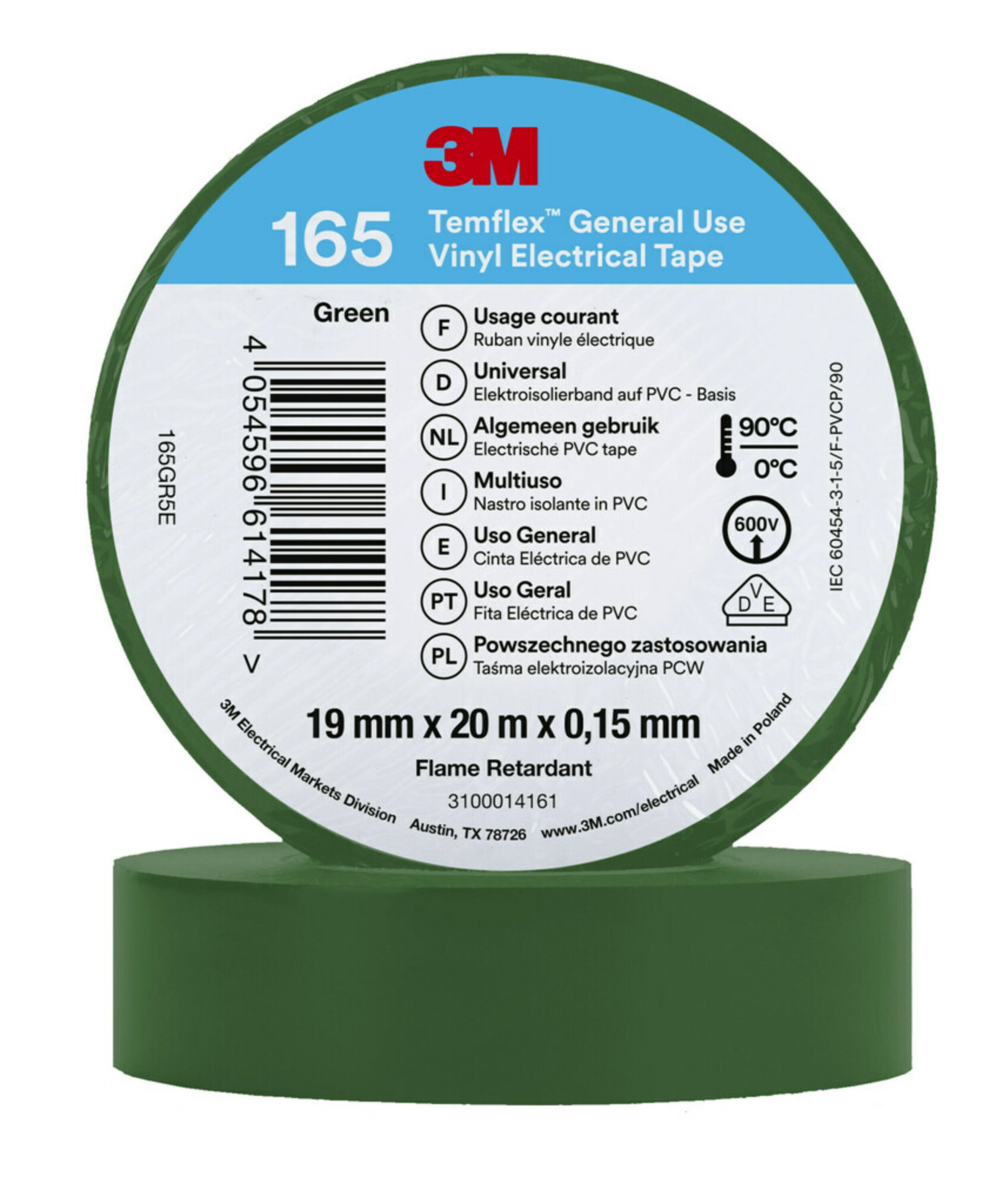 3M™ Temflex™ Vinyl-Isolierband 165, Grün, 19 mm x 20 m