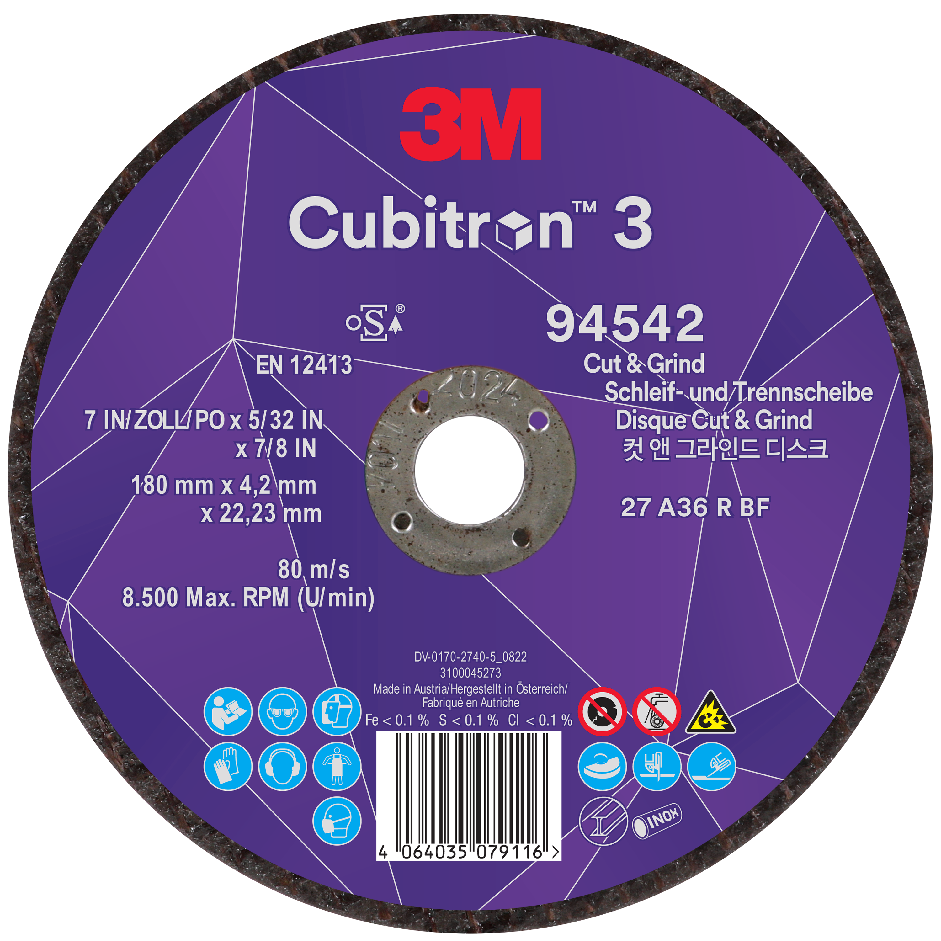 3M™ Cubitron™ 3 Cut and Grind Schruppscheibe, 94542, 36+, T27, 180 mm x 4,2 mm x 22,23 mm