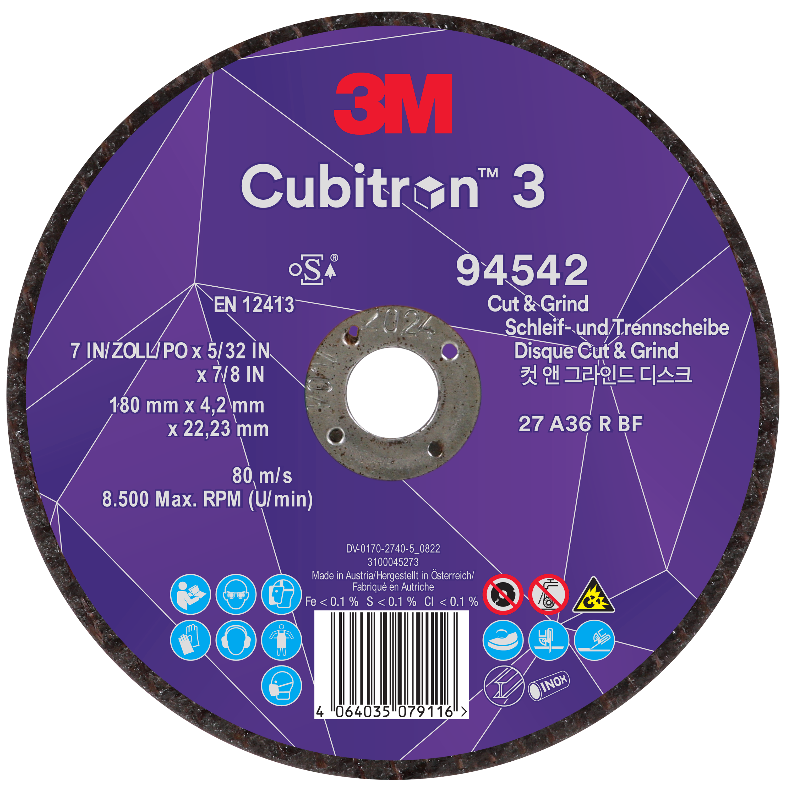 cb3-wl-94542_ip_center-1 3M™ Cubitron™ 3 Cut and Grind Schruppscheibe, 94542, 36+, T27, 180 mm x 4,2 mm x 22,23 mm