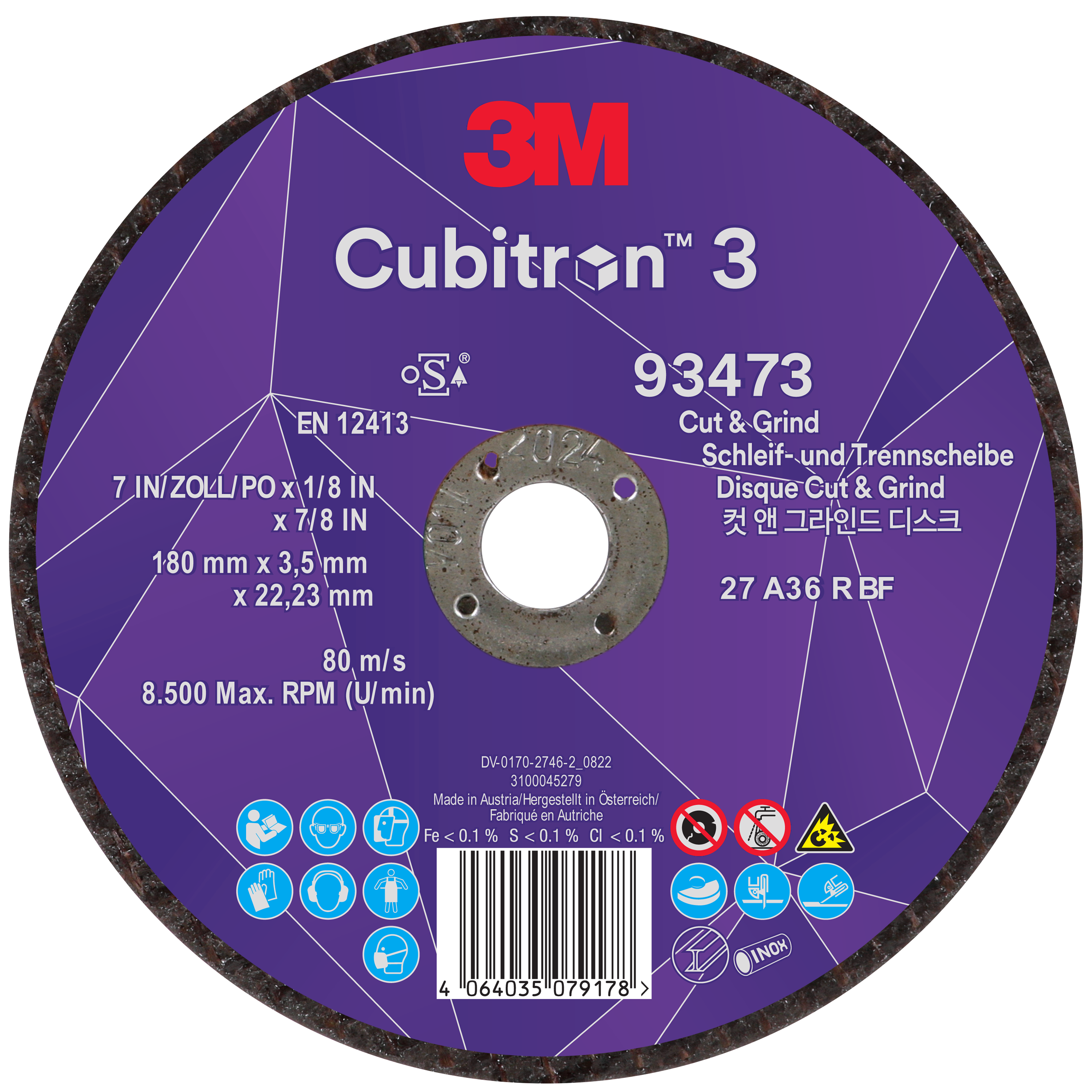 3M™ | Cubitron™ 3 | Cut and Grind Schruppscheibe, 93473, 36+, T27, 180 mm x 3,5 mm x 22,23 mm