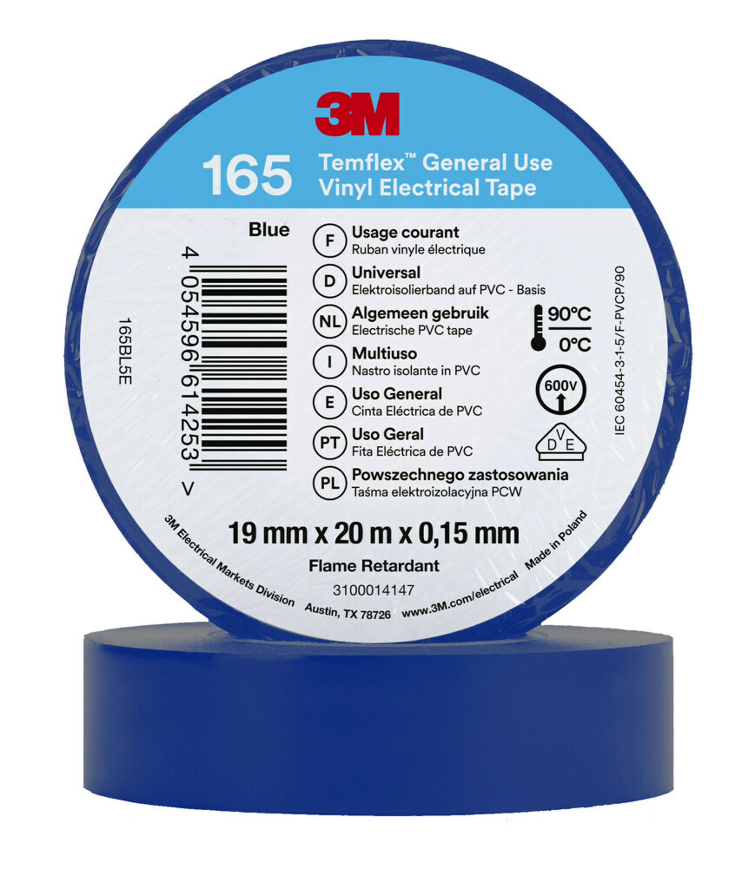 3M™ Temflex™ Vinyl-Isolierband 165, Blau, 15 mm x 10 m