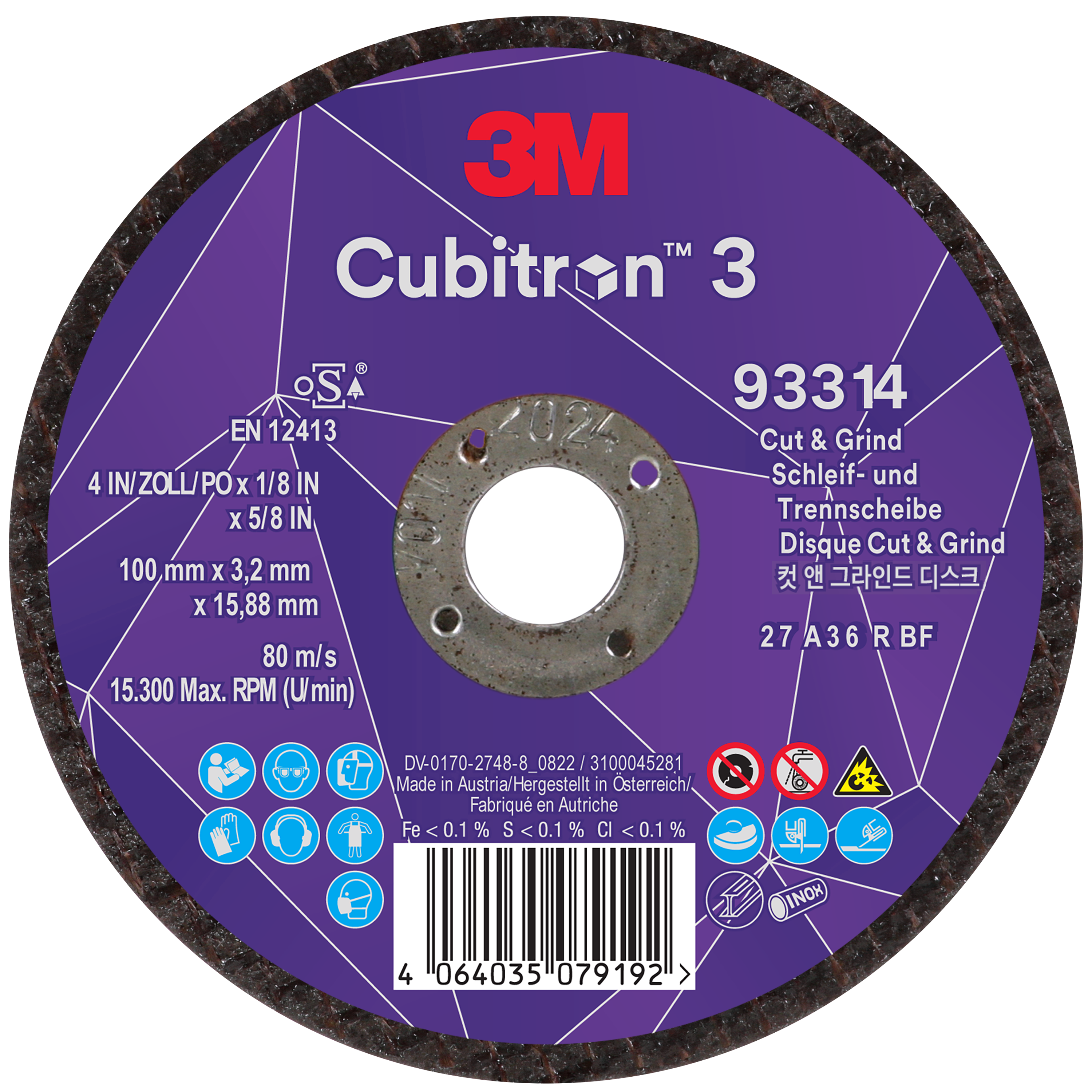 3M™ | Cubitron™ 3 | Cut and Grind Schruppscheibe, 93314, 36+, T27, ⌀ 100 mm x 3,2 mm ⌀ 15.88 mm