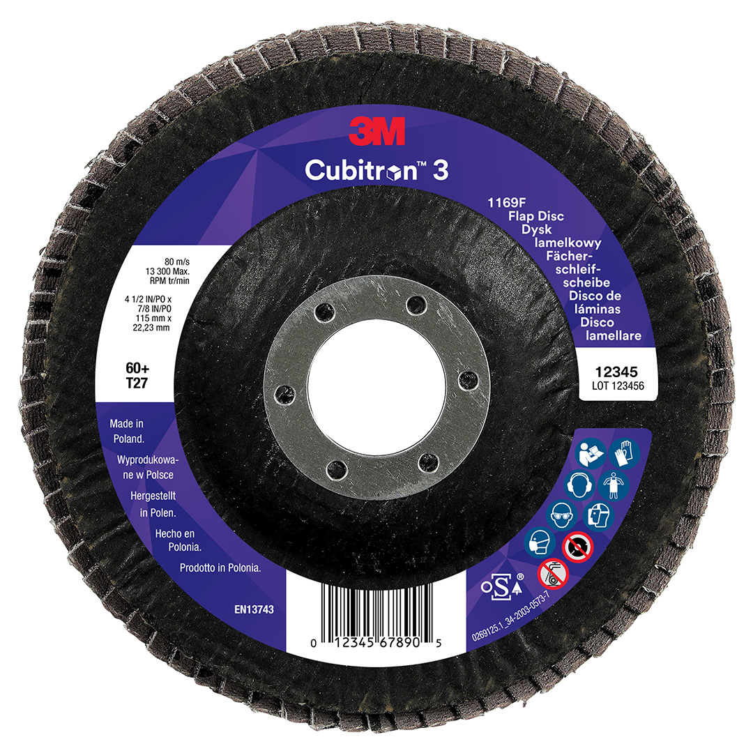 3M™ | Cubitron™ 3 | Fächerschleifscheibe 1169F – 60+, 115 mm, 22 mm, T27 | 7100379795