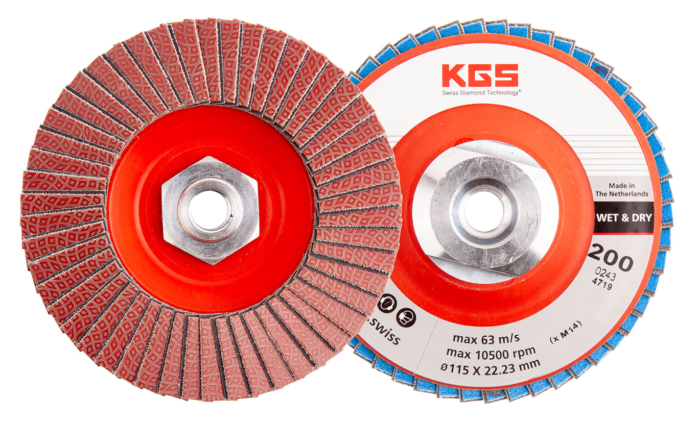 KGS DIAMOND™ | Hybrid-T Dia/Sic Lamellenscheibe | ø115mm/M14 PLS | Mesh 200 / 74 Micron / FEPA P220 | Rot | 28090
