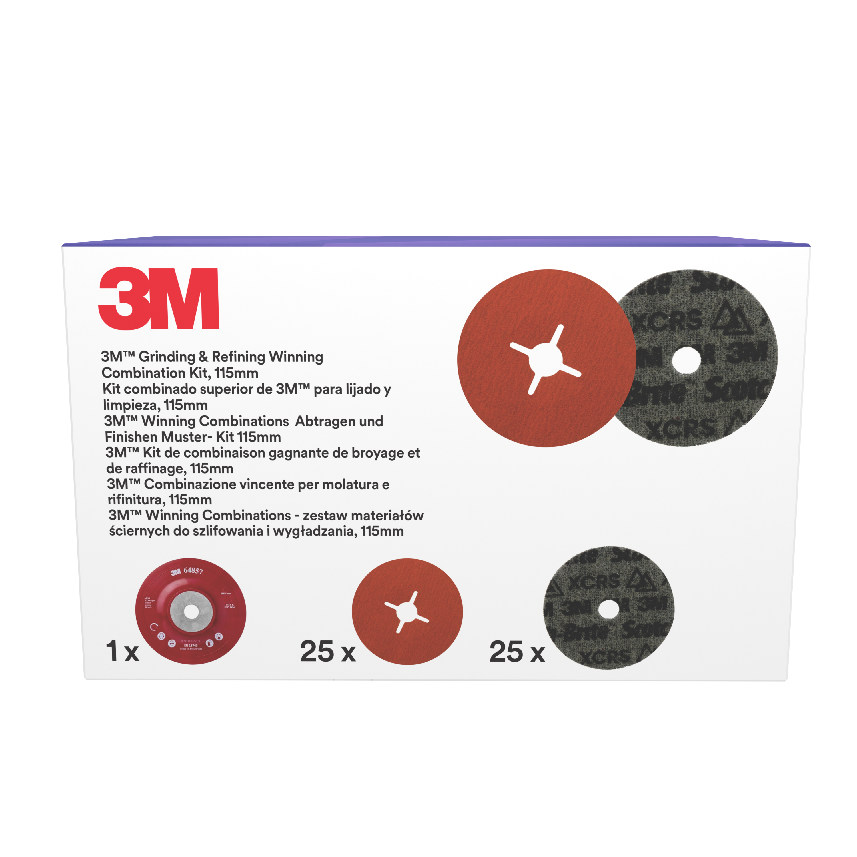 3M™ | Grinding & Refining Kit | enthält 115mm 787C Fiber- und PN-DH Vliesscheibe, mit flachem Stützteller