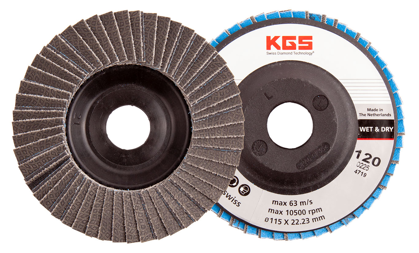 KGS DIAMOND™ | Hybrid-T Dia/Sic Lamellenscheibe | ø115mm/22,23 PLS | Mesh 120 / 125 Micron / FEPA P120 | Schwarz | 18915