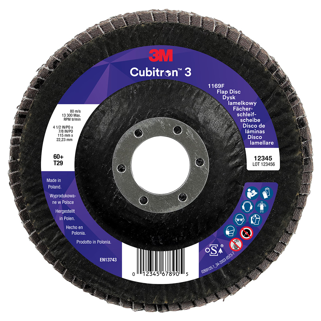 3M™ | Cubitron™ 3 | Fächerschleifscheibe 1169F – 60+, 115 mm, 22 mm, T29 | 7100379507