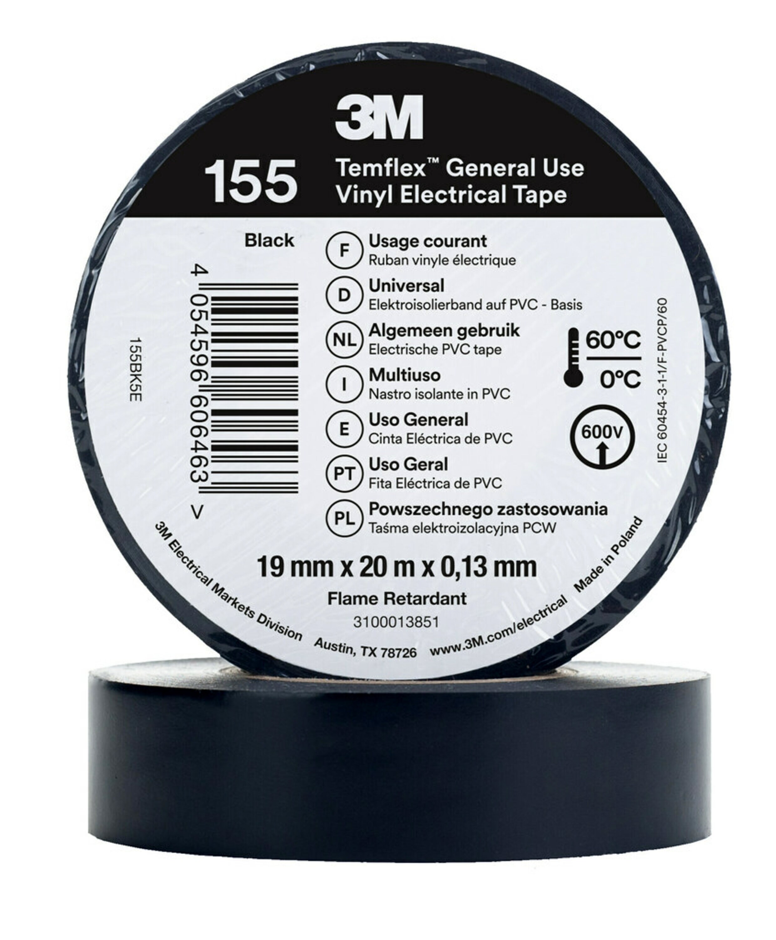 3M™ Temflex™ Vinyl-Isolierband 155, 19 mm x 20 m Schwarz Weiß,Rot,Gelb,Grün-Gelb, Blau,Grau, Braun