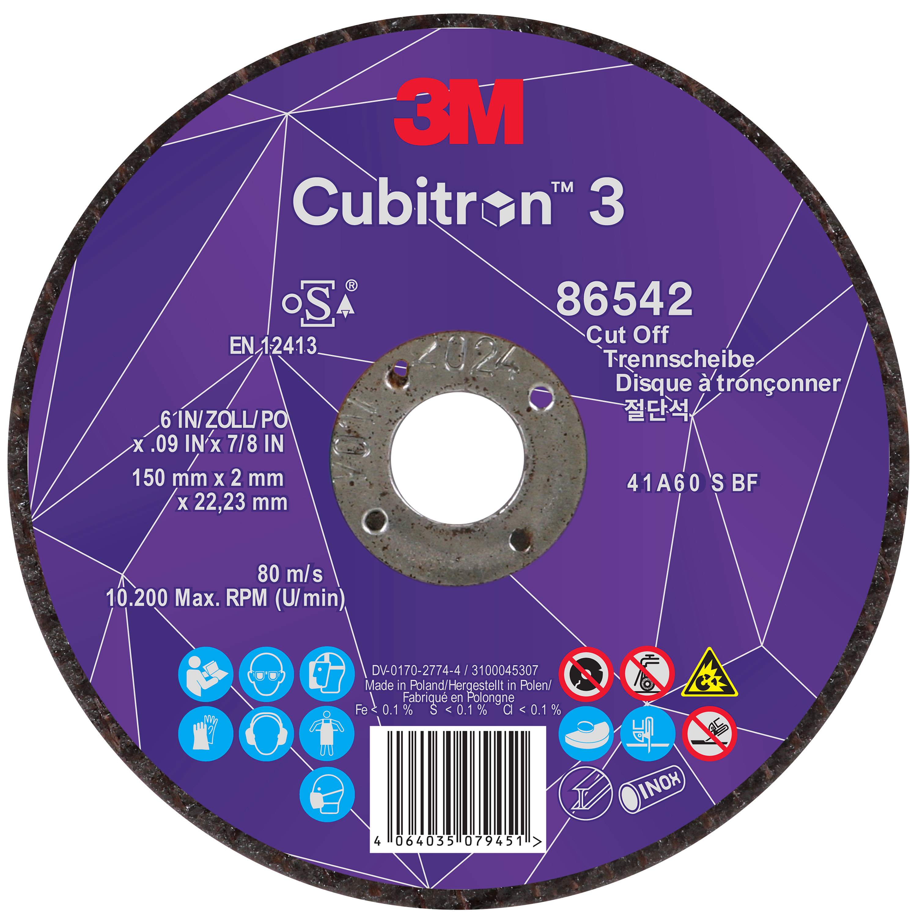 cb3-wl-86542_ip_center 3M™ | Cubitron™ 3 | Trennscheibe, 86542, 60+, T41, ⌀ 150 mm x 2 mm x ⌀ 22,23 mm