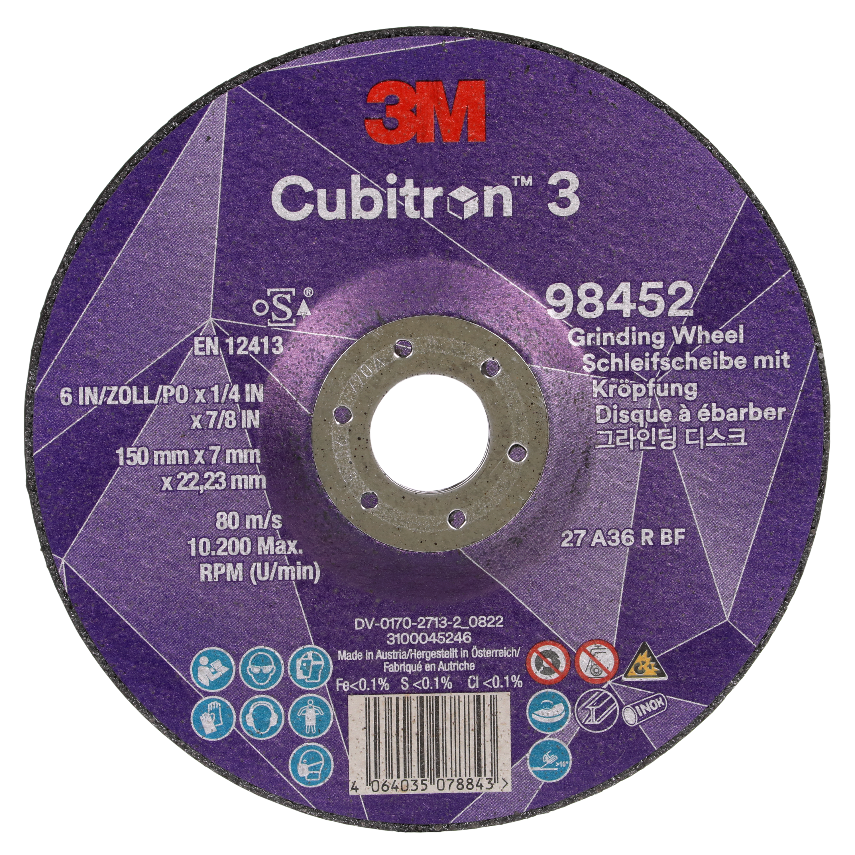 3M™ Cubitron™ 3 Schruppscheibe, 98452, 36+, T27, 150 mm x 7 mm x 22,23 mm, EN, 10/Pack