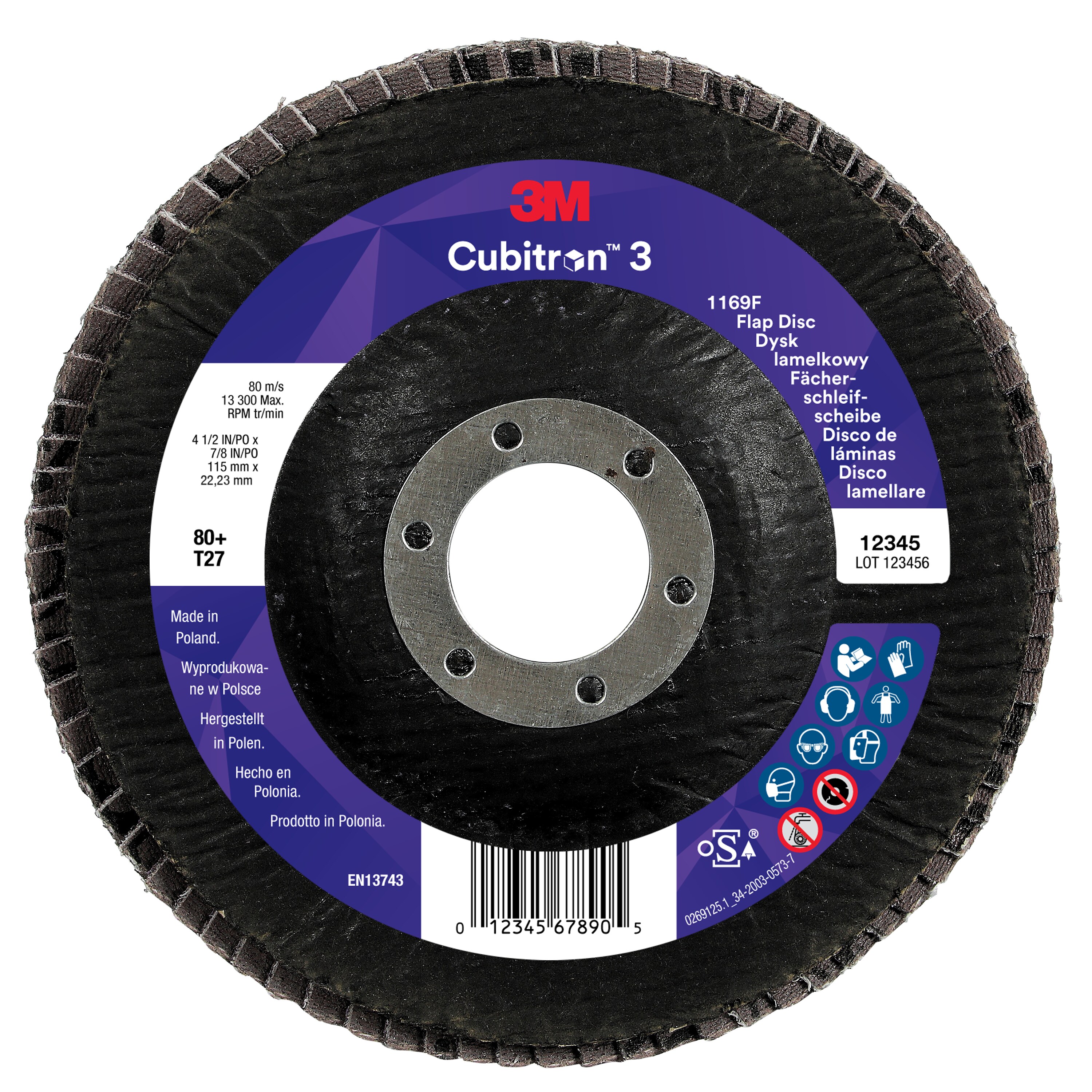 3M™ | Cubitron™ 3 | Fächerschleifscheibe 1169F – 80+, 115 mm, 22 mm, T27 | 7100379600
