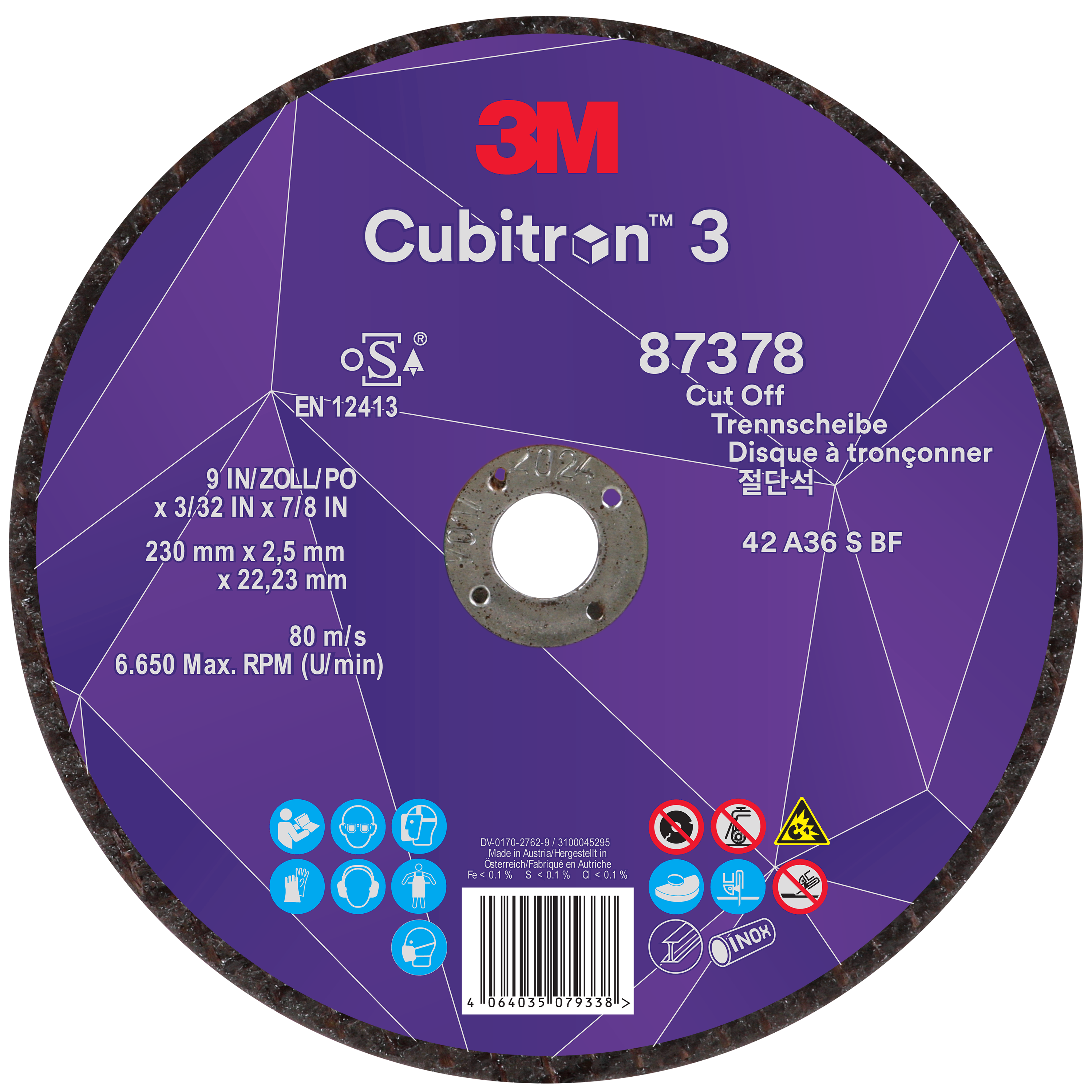 cb3-wl-87378_ip_centereOS3zbpEpxs15 3M™ | Cubitron™ 3 | Trennscheibe, 87378, 36+,T42, ⌀ 230 mm x 2,5 mm x ⌀ 22,23