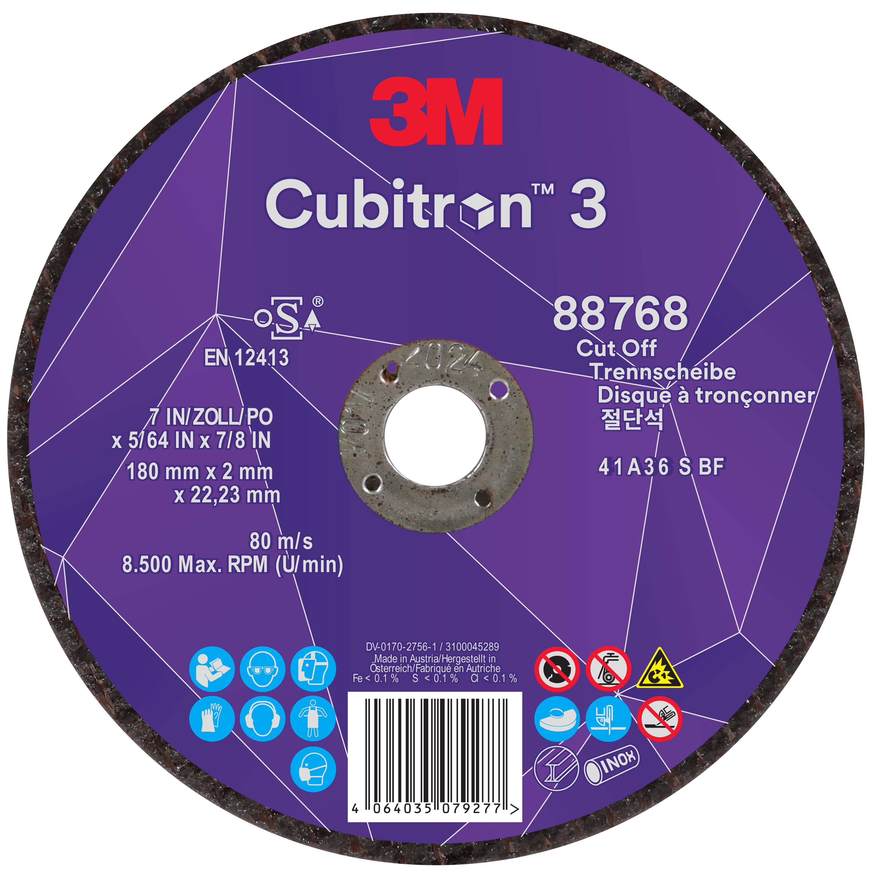 3M™ | Cubitron™ 3 | Trennscheibe, 88768, 36+, T41, ⌀ 180 mm x 2,0 mm x ⌀ 22,23 mm