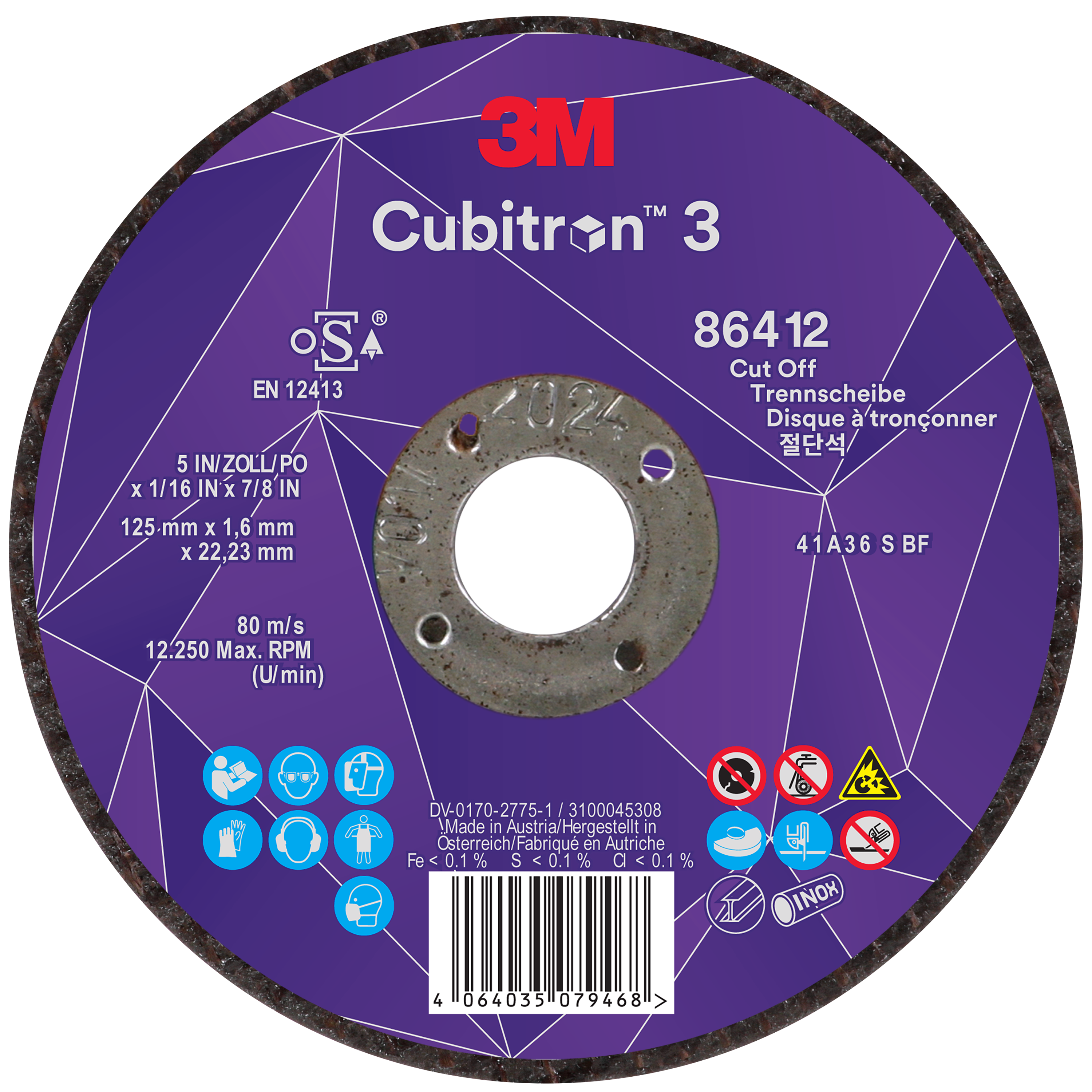 cb3-wl-86412_ip_center 3M™ | Cubitron™ 3 | Trennscheibe | 36+ | T41 | ⌀ 125 mm x 1,6 mm x ⌀ 22,23 mm | 86412 | 7100303829