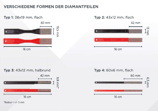 KGS DIAMOND™ | Flexis Diamant Hand Feil 4 Pack | mit 4 verschiedenen Feil Typen | Mesh 200 / 74 Micron | Rot | 34563+KGS