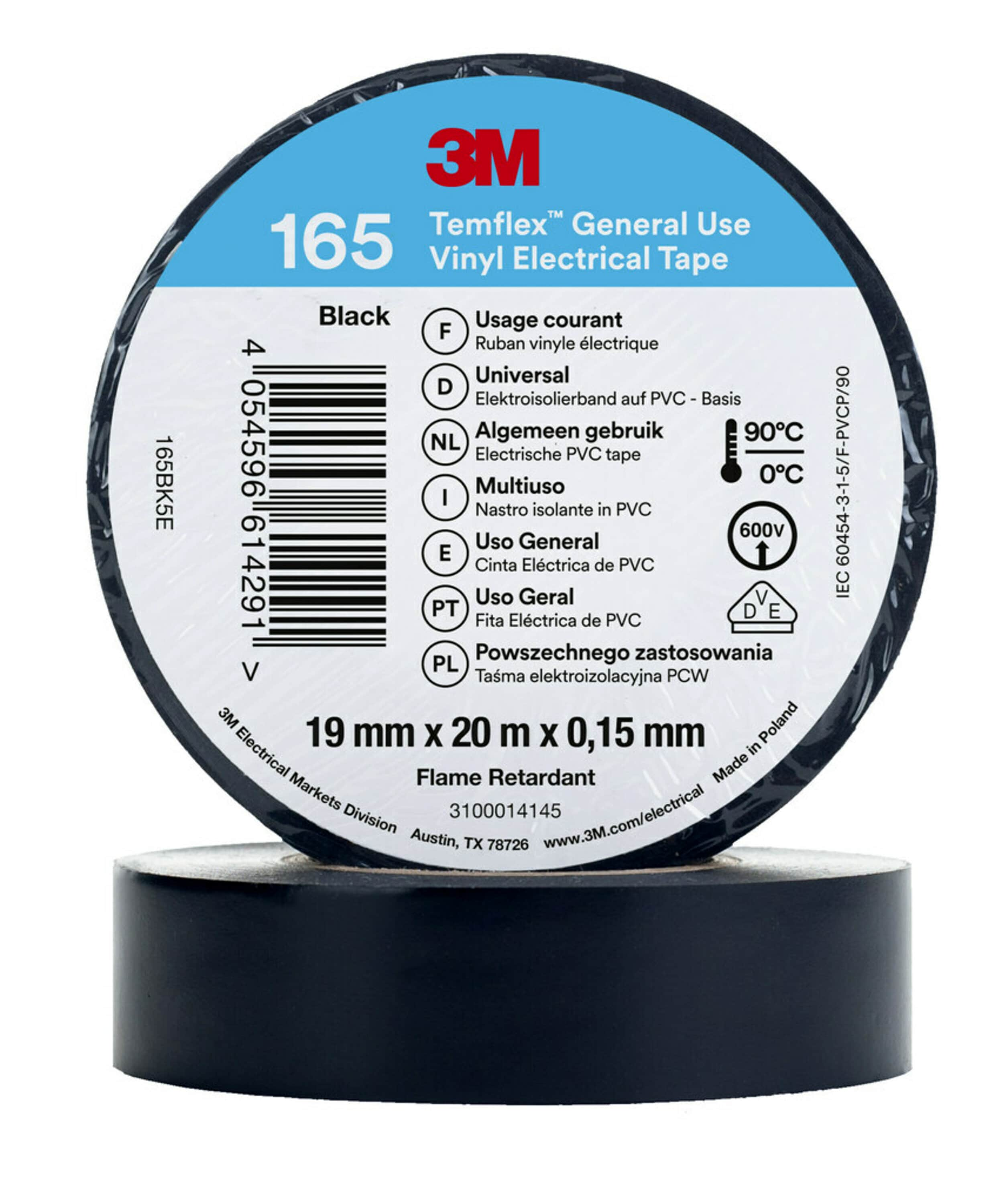 3M™ Temflex™ Vinyl-Isolierband 165, Schwarz, 19 mm x 20 m