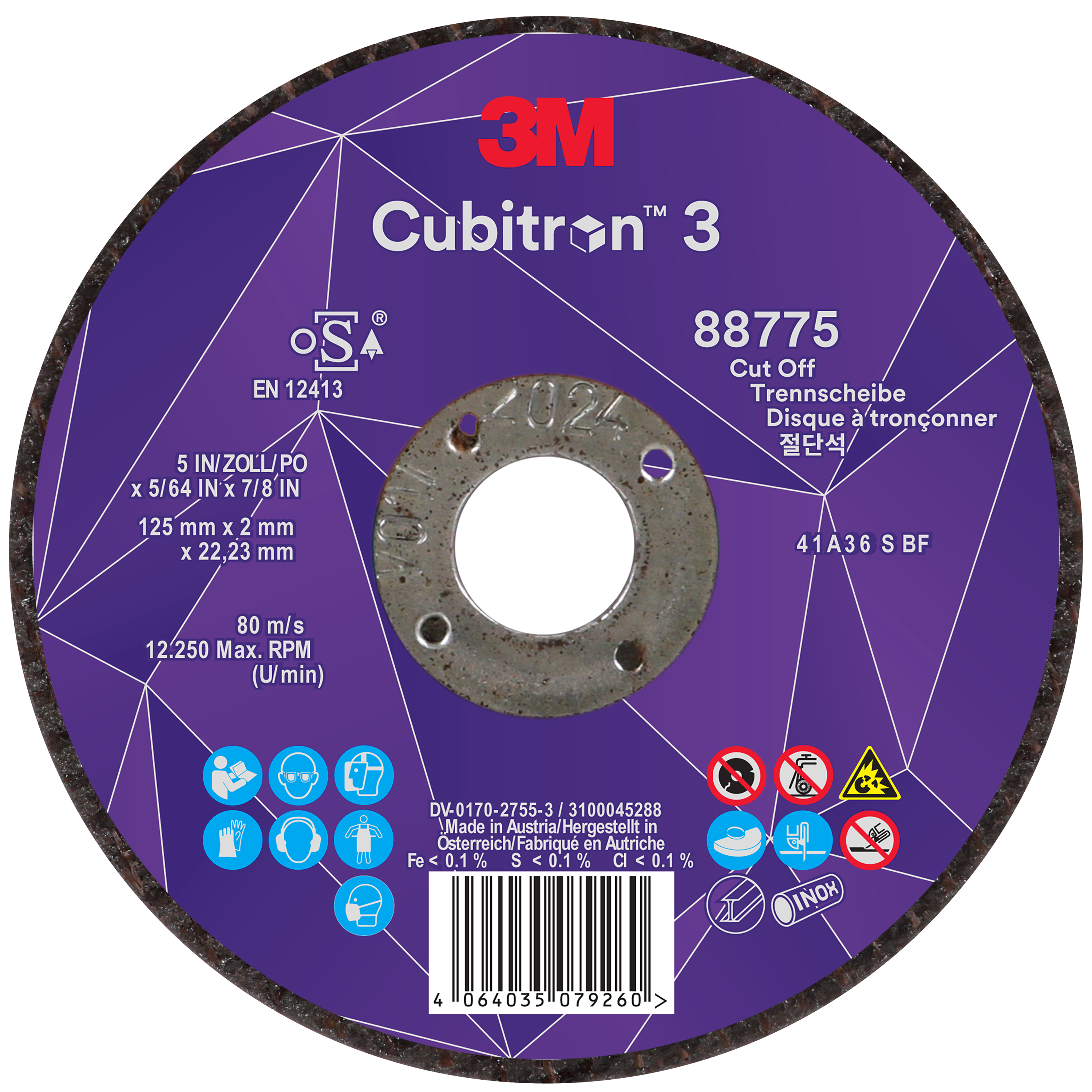 cb3-wl-88775_ip_center 3M™ | Cubitron™ 3 | Trennscheibe, 88775, 36+, T41, ⌀ 125 mm x 2 mm x ⌀ 22,23 mm