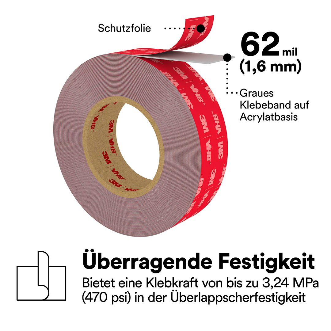 3M™ | VHB™ | Doppelseitiges Klebeband Max-160GF – 25 mm x 33 m, 1.6 mm, Grau | 7100395593